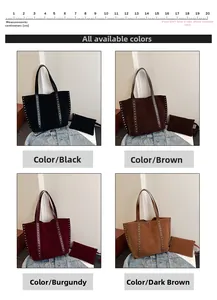 Collection of suede tote bags with rivet studs in black, coffee, burgundy and brown colors