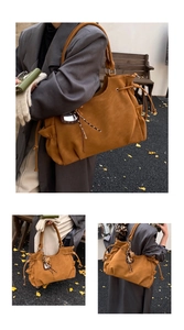 Detail of caramel suede tote bag with leopard print drawstring and leopard charm accents