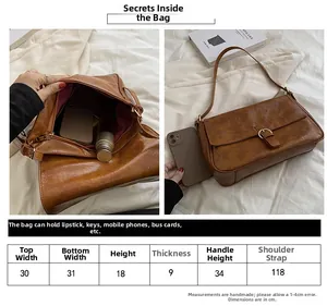 Detailed size chart for the retro brown PU leather shoulder bag with dimensions and capacity