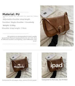 Detailed dimensions and capacity specs of the brown retro underarm bag with metal buckle