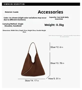 Size chart showing large brown faux suede tote bag dimensions with metal rivets details