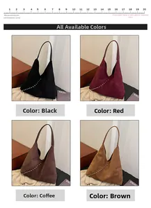 Four colors of suede hobo bags with silver rivet details in black, red, coffee, and brown