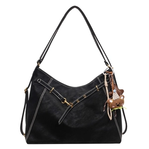 Retro black tote bag with white contrast stitching and a cute bear keychain charm