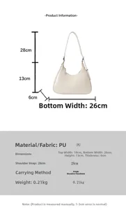 Detailed sizing chart and measurement diagram for the cream PU leather baguette shoulder bag