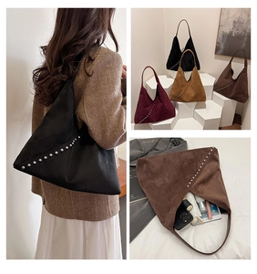Three-frame view of suede tote bag with metal studs and spacious interior storage