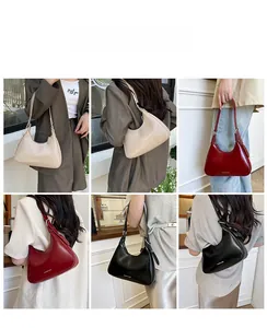Collage of fashion bag in beige, red, and black showing various carrying styles and size