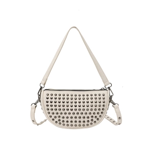 Chic cream studded crossbody shell bag with silver rivets and detachable shoulder strap