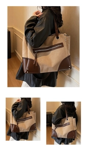 Dettaglio della borsa tote retrò in tela con patchwork in pelle marrone e cerniera metallica