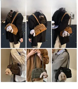 Detailed views of vintage bowling bag in four colors with cute rabbit pendant charm