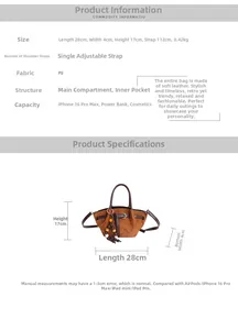 Tableau des tailles détaillé du sac à main en daim marron avec dimensions et capacité