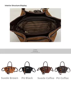 Détail de la doublure intérieure du cabas en daim et quatre options de couleurs en cuir PU