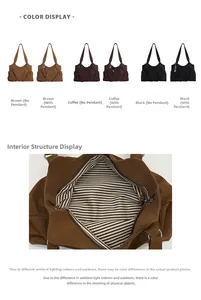 Detail view of large suede tote bag in brown coffee and black with striped lining