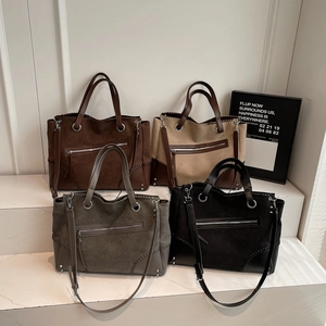 Large vintage contrast tote bags in brown, beige, green and black with dual straps
