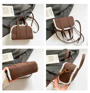 Detail view of winter plush拼接 bowling bag with dark brown suede and white fur trim
