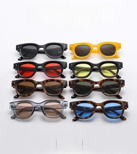 Vue à plat de lunettes de soleil rondes rétro aux montures colorées et verres teintés