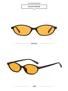 Detail view of oval narrow black frame sunglasses with orange lenses in side and front profile