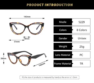 Detailed size chart for 5229 cat-eye glasses with dimensions 143mm wide and 142mm temple