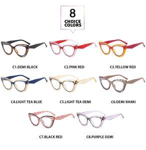 Collage of cat-eye anti-blue light glasses frames in eight different stylish color patterns