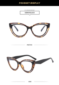 Detail view showing cat-eye glasses in demi black from front and side perspectives