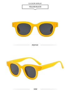 Vue détaillée de lunettes de soleil rondes vintage jaunes, de face et de profil