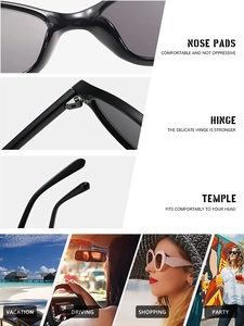 Detail shots of oval black sunglasses featuring reinforced hinges and comfortable nose pads