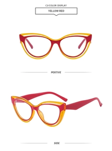 Detail of cat-eye eyewear frames featuring yellow and red color-blocking and clear texture