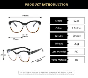 Size chart showing 5231 vintage cat-eye glasses frame dimensions and material details