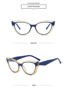 Detail view of cat eye glasses in light tea blue with clear frames from two angles