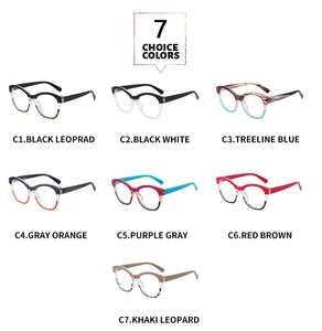 Matrix view of seven two-tone cat-eye eyeglass frames with various color combinations