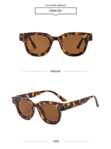 Vues de face et de côté de lunettes écaillées avec verres thé et rivets en métal