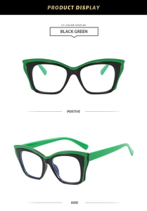 Detailed front and side views of square cat-eye glasses frame in black and green color