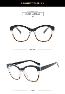 Cat eye glasses frames with black and leopard patterns in front and side views