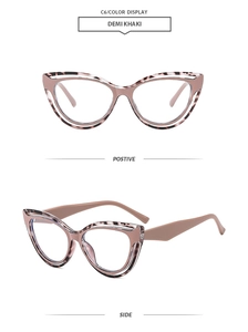 Cat-eye glasses in demi khaki finish showing front and side views of the stylish frame