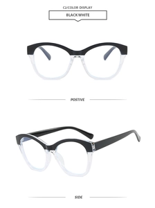 Front and side views of classic cat-eye glasses with black and clear two-tone frames