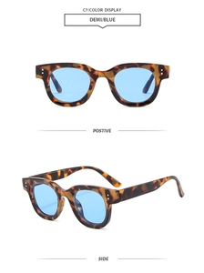 Détails des lunettes de soleil rondes écaillées avec verres bleus et rivets