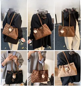 Collage of large tote bags in leopard, black, and beige with fuzzy bear charms