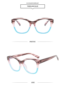 Detail of cat-eye frames in treeline blue stripes with clear blue bottom accent