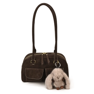 Retro coffee brown suede shoulder bag with twin pockets and plush rabbit keychain charm