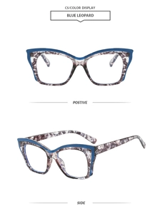 Detailed views of blue leopard cat eye glasses frames with dual-tone color design