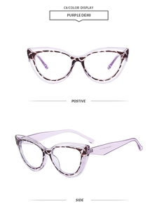 Detailed views of purple demi cat-eye glasses frames with tortoiseshell temple accents