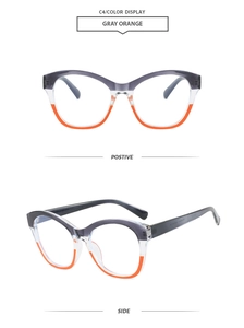 Detail view of retro cat-eye glasses with gray, clear and orange triple-color frame