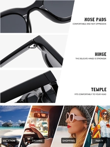 Détail des charnières métalliques et des plaquettes de nez sur lunettes de soleil noires