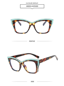 Detailed view of square anti-blue light glasses in green leopard and mint color-blocking