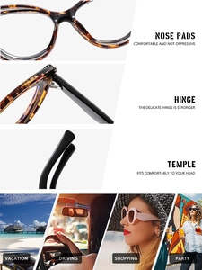 Detailed views of tortoise cat-eye frames featuring reinforced metal hinges and nose pads