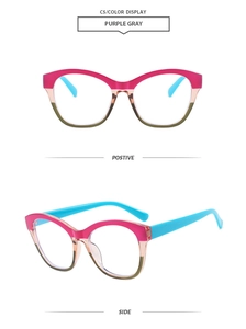 Detailed front and side views of cat-eye frames with colorful tricolor color blocking