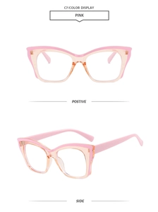 Detailed front and side views of pink cat-eye blue light blocking glasses frames