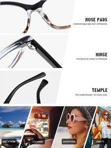Detailed views of cat-eye eyewear showing durable hinges and stylish color-block frames