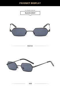 Vorder- und Seitenansicht der minimalistischen schwarzen Sechseck-Metallsonnenbrille