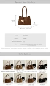 Size chart for suede tote bag showing dimensions, material specs, and color options