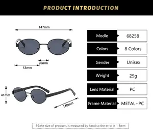 Detailed size guide and technical specifications for oval metal frame sunglasses